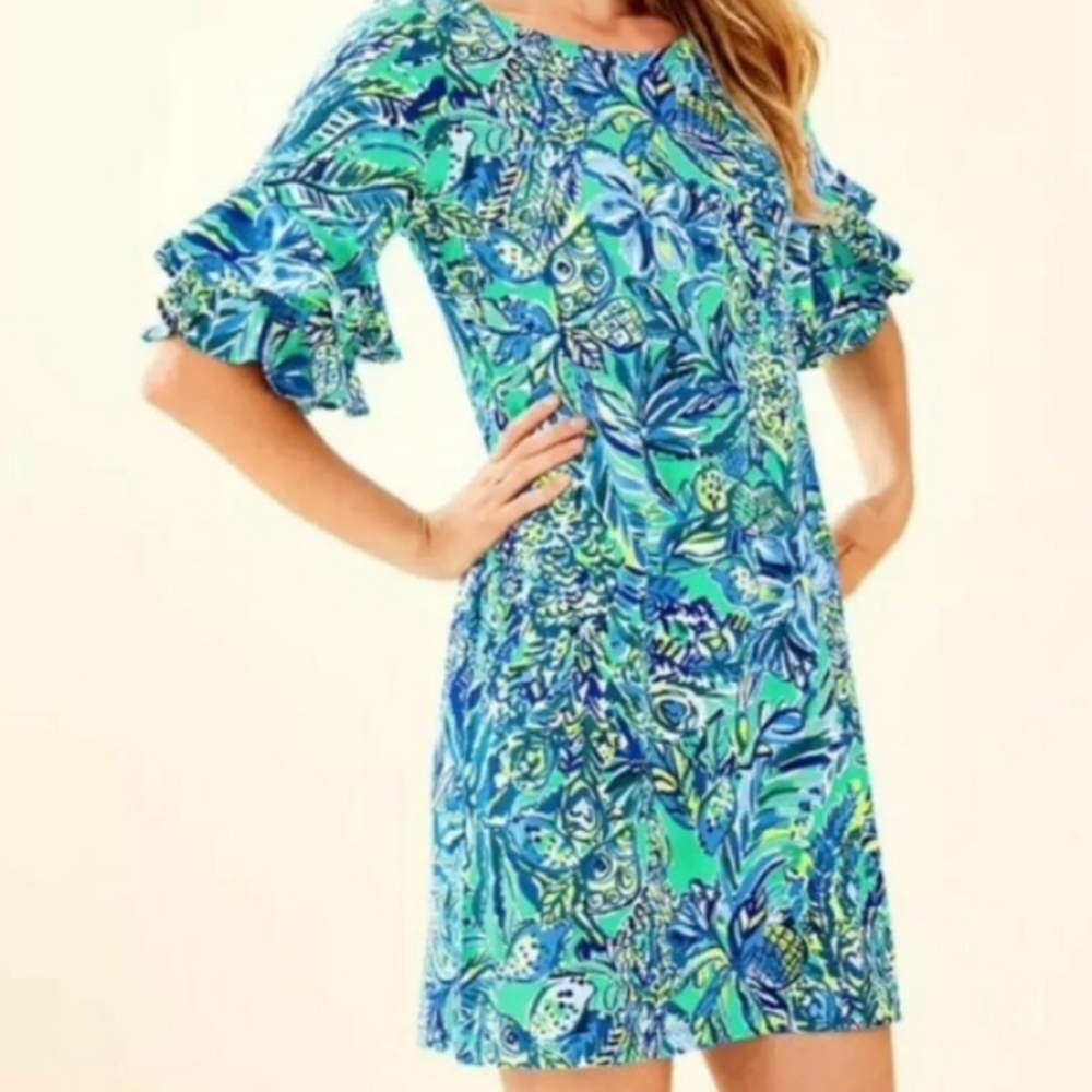 Lilly Pulitzer Lula Dress Bennet Blue Sneak A Beak  Ruffle Sleeve